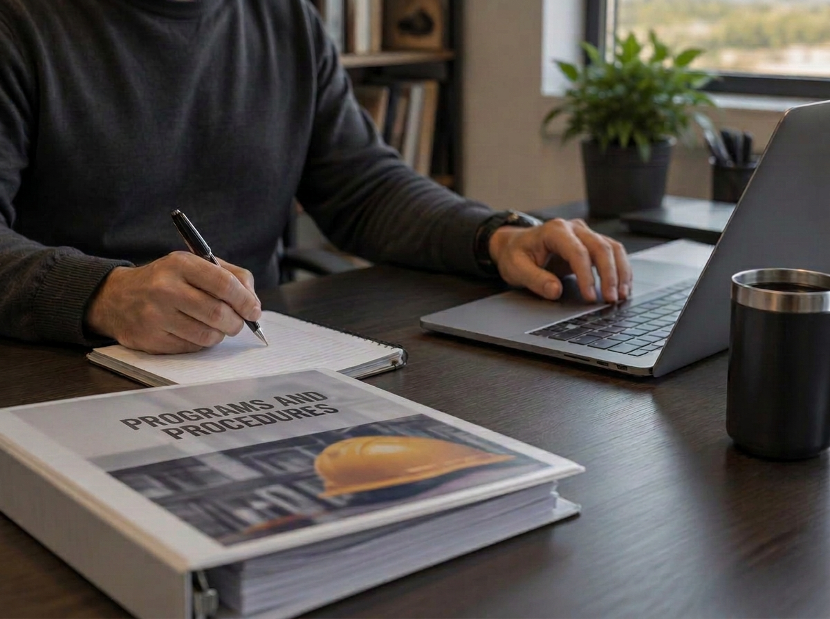 A desk with a laptop, safety program binder, and notepad