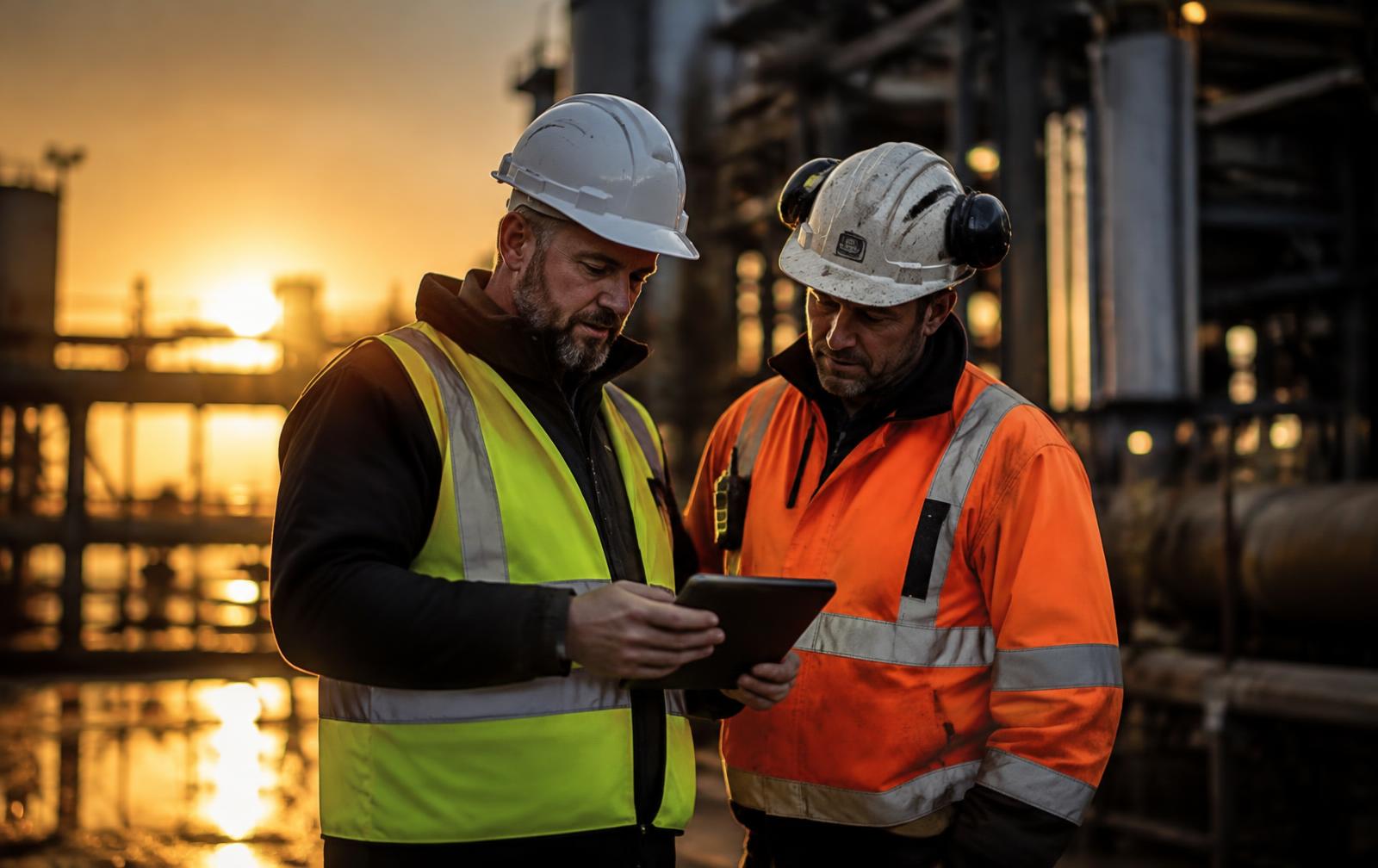 Two safety professionals reviewing a tablet at an industrial site